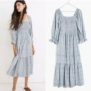 Madewell Lucie Elbow Sleeve Smocked Midi Dress in Sunflower Field